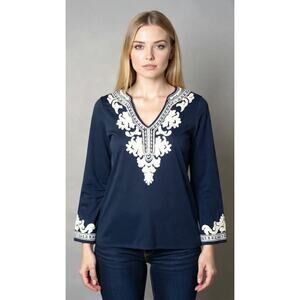 INC Bohemian Tunic Navy Blue V‎ Neck Blouse 3/4 Sleeves Embroidered Peasant L